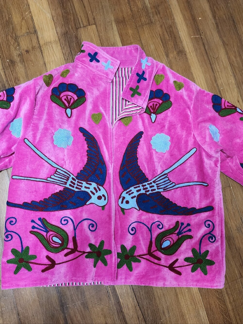 One Size Unique Pink Embroidered Velvet Style Jacket Best fit Small To Large